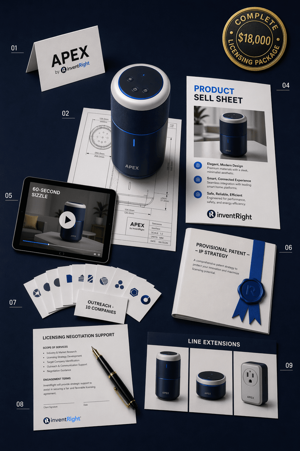 APEX licensing package — flat-lay infographic of all nine deliverables