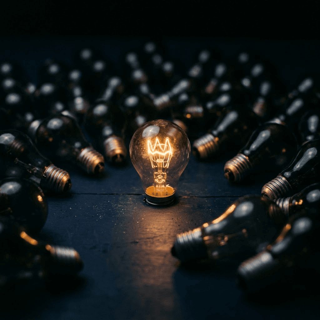 Illuminated lightbulb on navy background