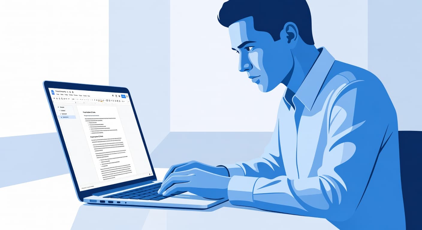 Person typing on a laptop with a word processor document on screen