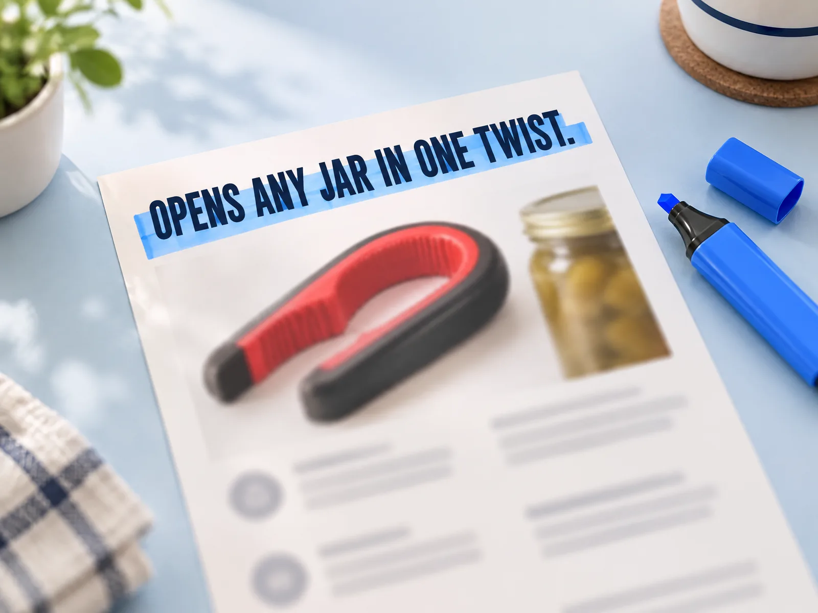 A printed sell sheet whose headline, "Opens any jar in one twist.", has been marked with a blue highlighter