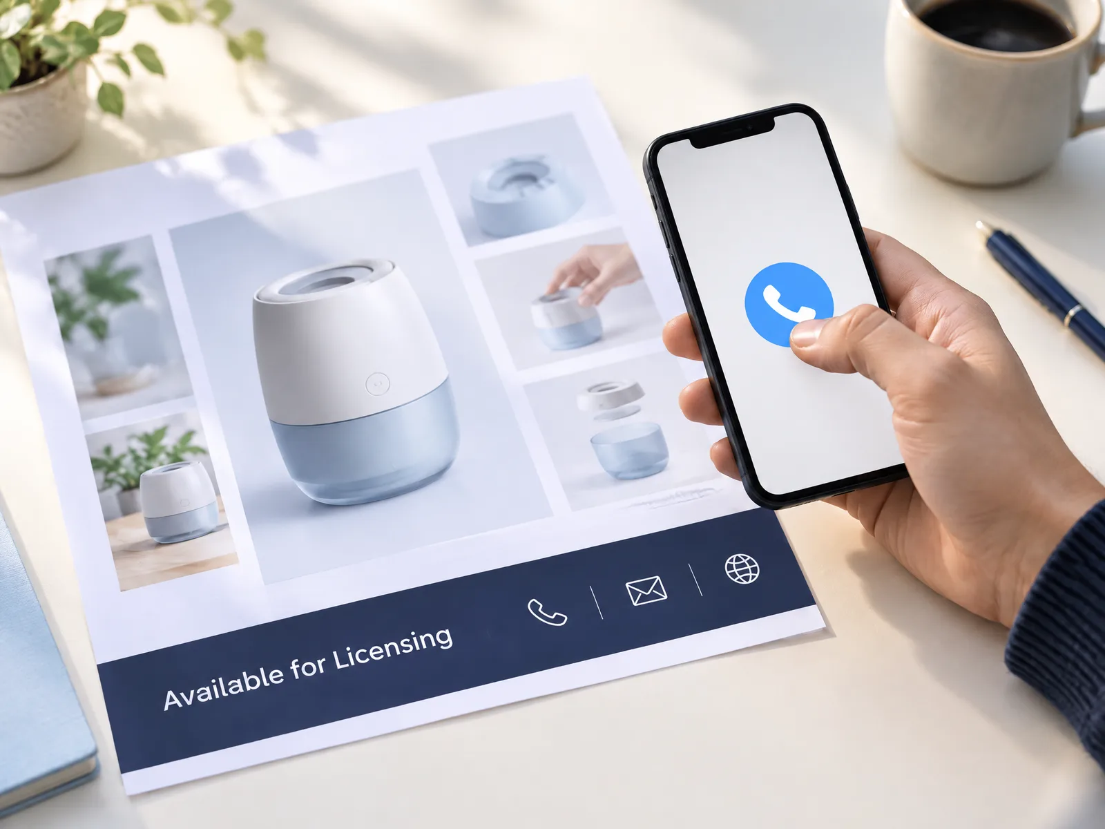 A hand about to tap call on a phone above a sell sheet whose contact bar reads "Available for Licensing"